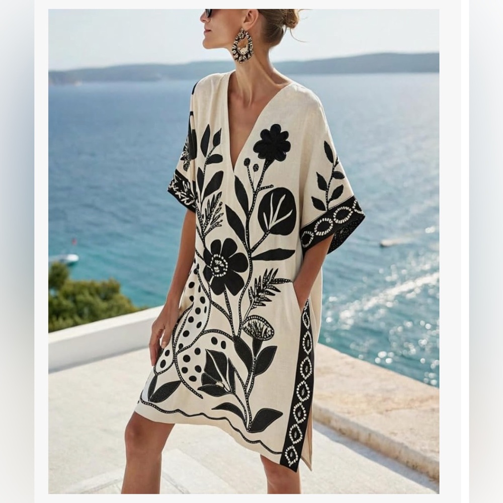 NWT Floral Print V-Neck Dress Black/Beige-S